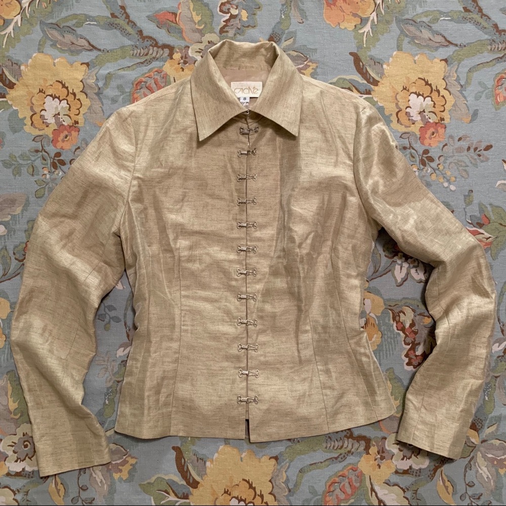 Cache Metallic Khaki Linen Evening Jacket Blazer 8